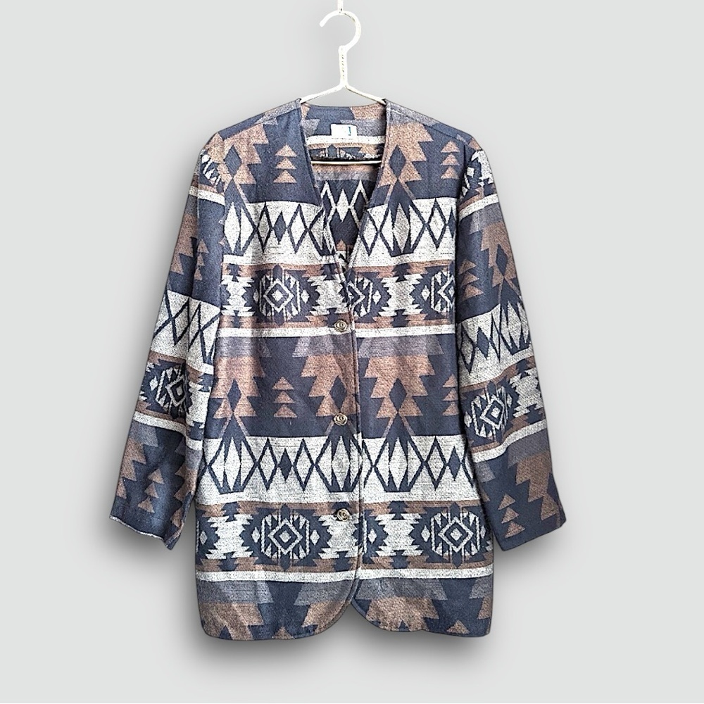 Vintage Option L Western Aztec Print Cotton Lightweight Blazer Jacket